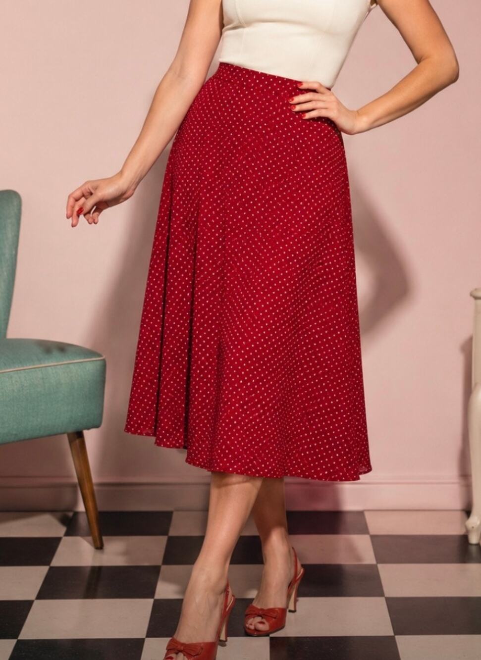 Vintage Jones Wear Red Polka Dot Midi Skirt Size 16 90s A-Line retro 14 pin up